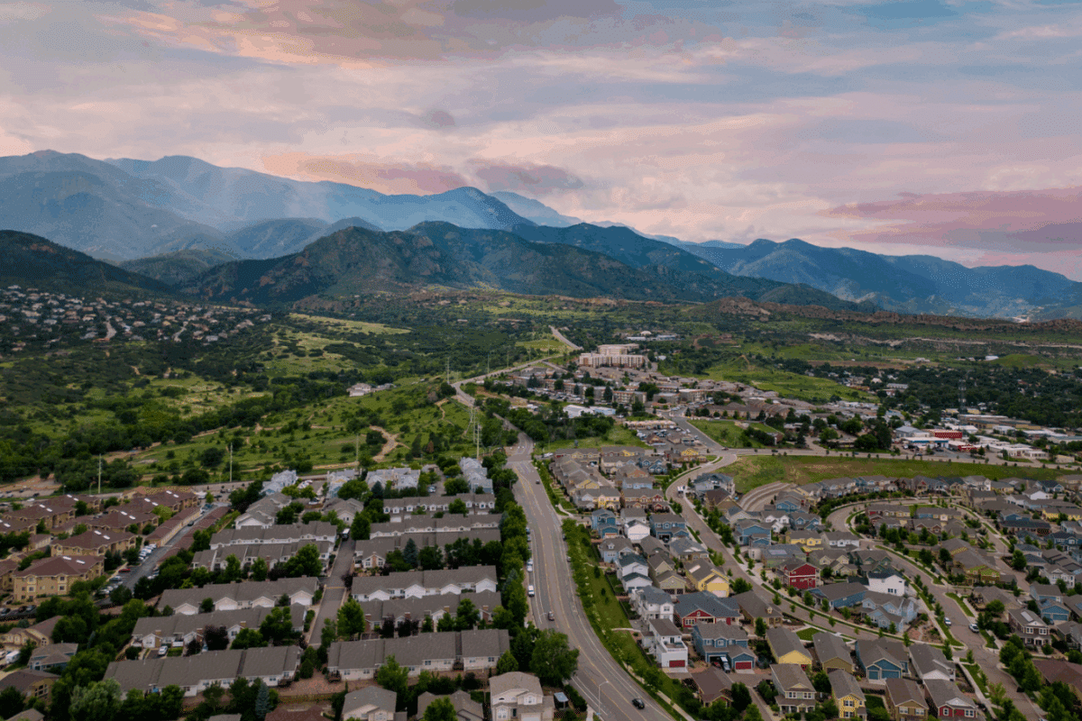 Aerial photo Colorado Springs residental neighborhoods near mountain ranges