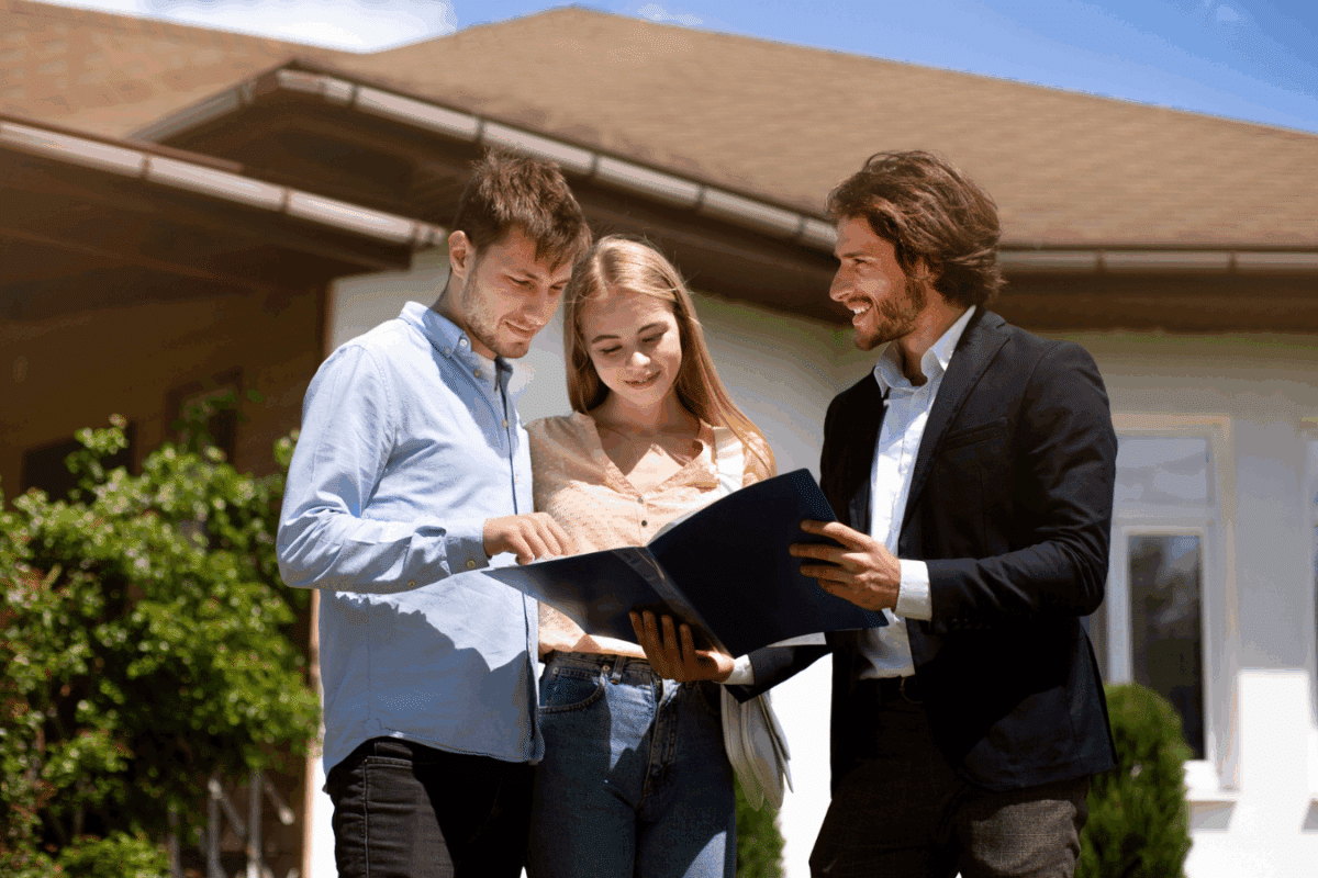 Millennial couple and Real Estate Agent looking through house ownership documents near residential building