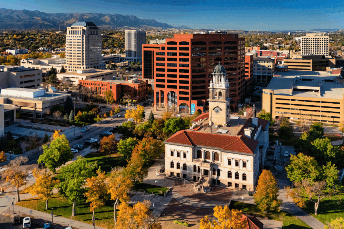 Colorado Springs Downtown Skyline Aerial With Autumn Colors