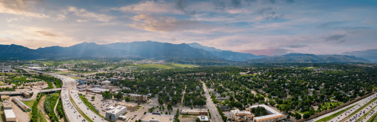 Aerial drone panorama Colorado Springs CO USA